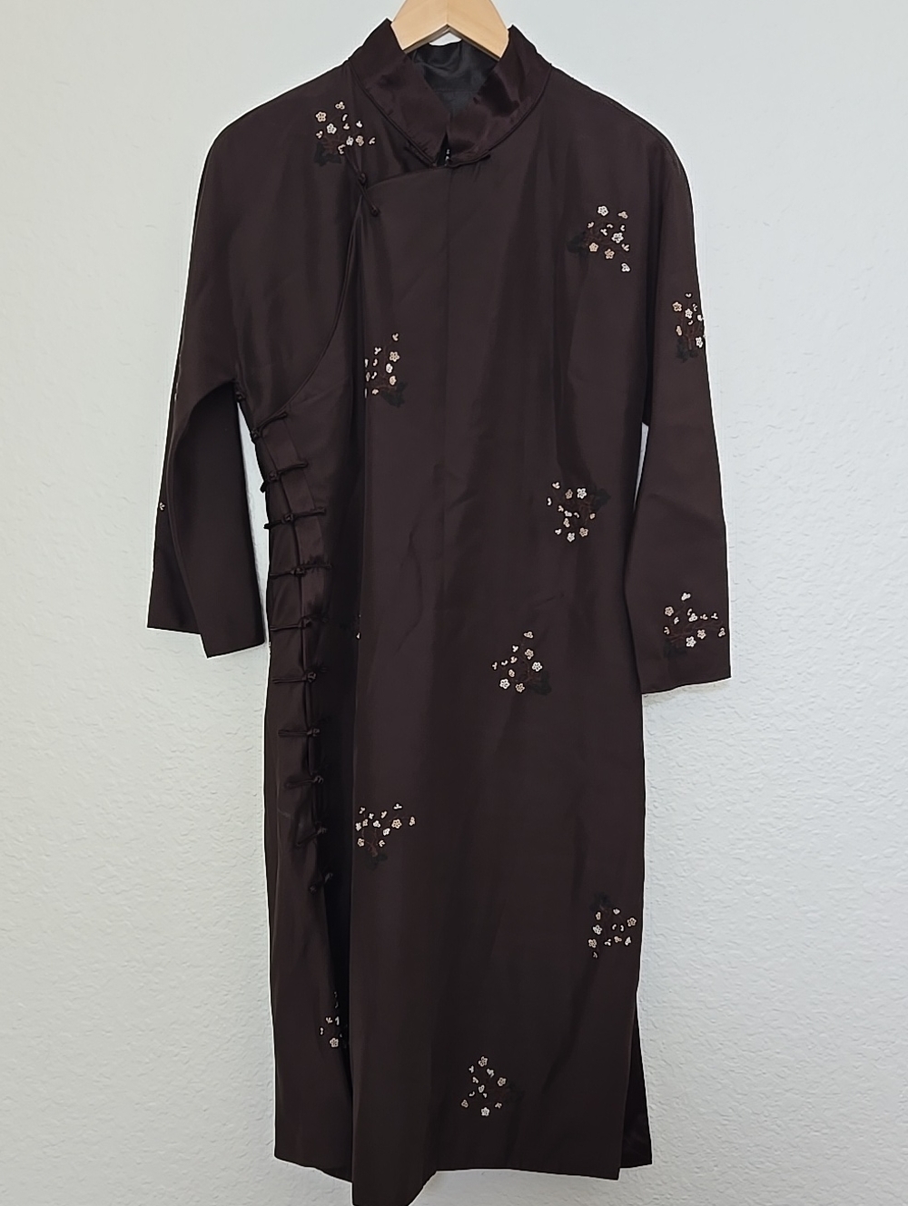 Brown Oriental Style Collar Embroidered 100% Silk Midi Dress  Side Knot Closures